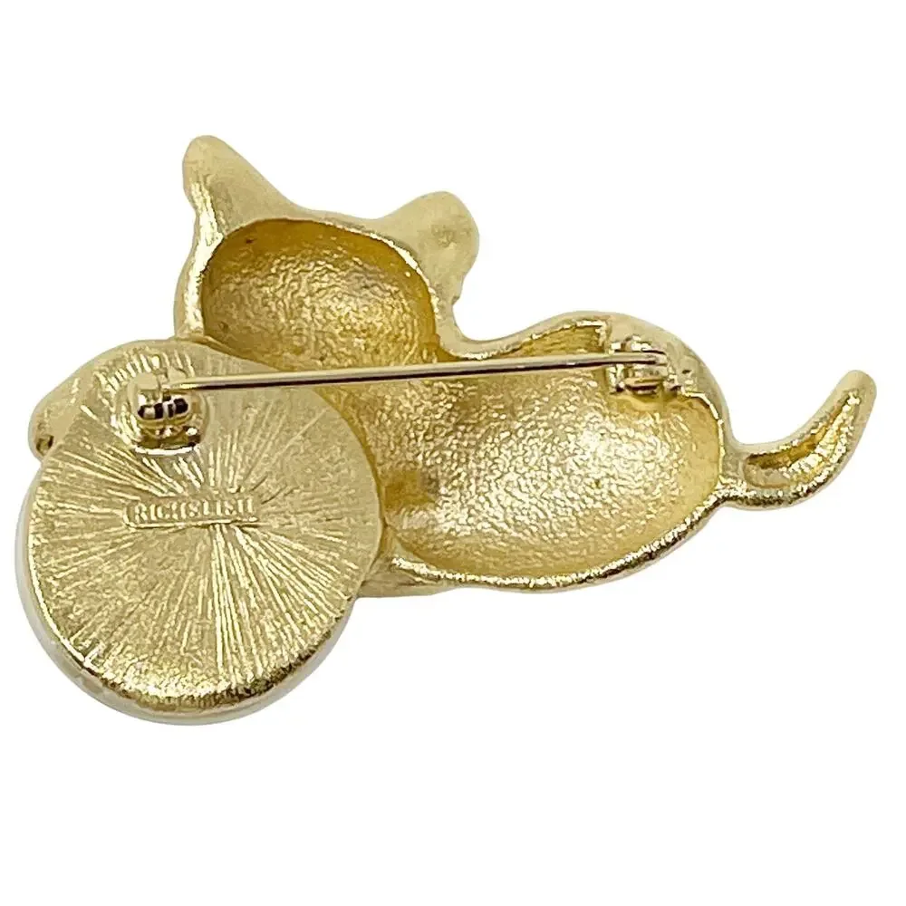 Richelieu Gold Tone Cat Kitten Brooch with Faux Pearl‎ Ball 2